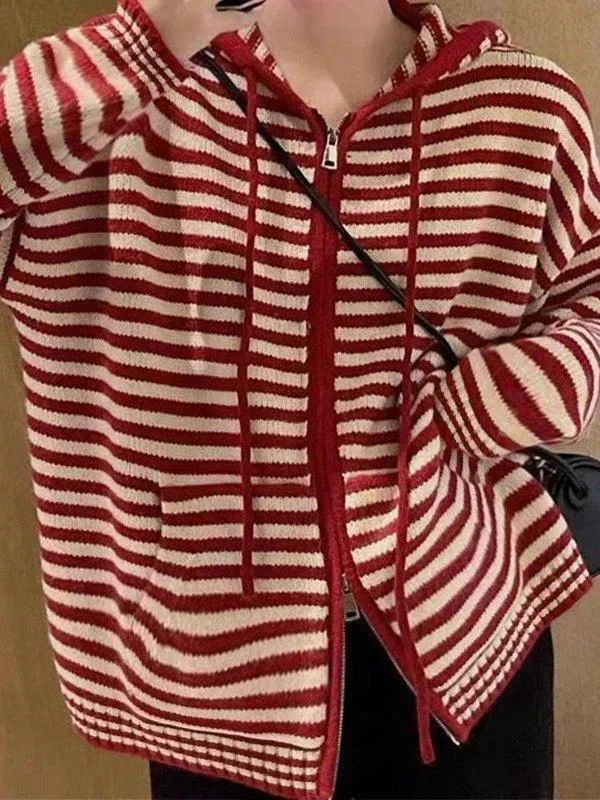 Joskaa Hooded Striped Long Sleeve Knit Cardigan