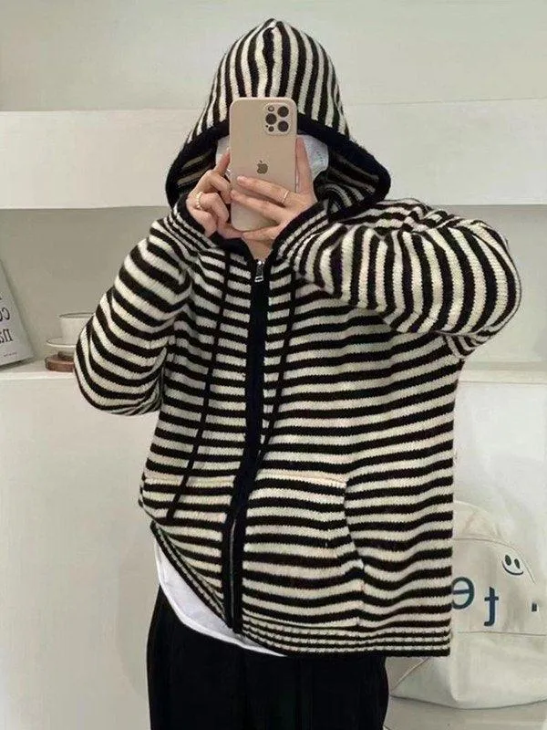 Joskaa Hooded Striped Long Sleeve Knit Cardigan