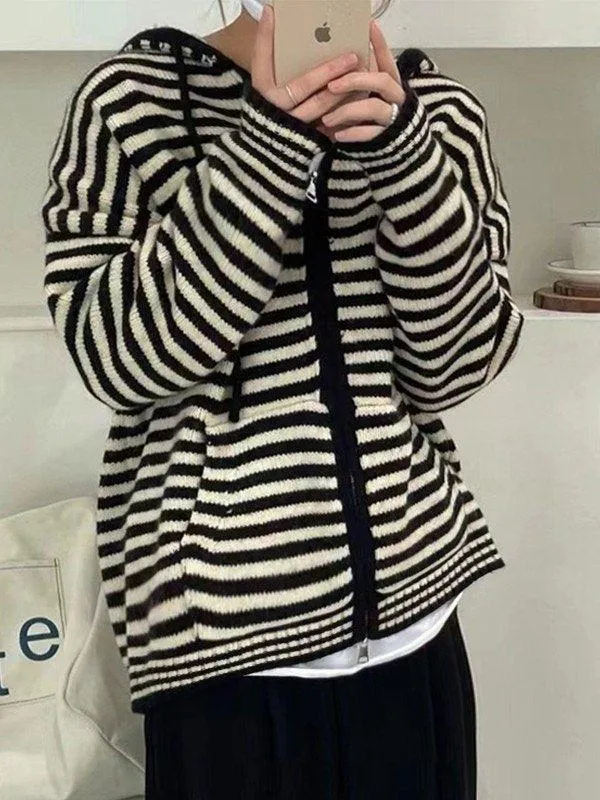 Joskaa Hooded Striped Long Sleeve Knit Cardigan