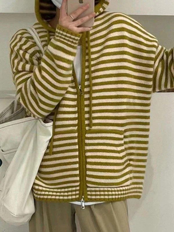 Joskaa Hooded Striped Long Sleeve Knit Cardigan