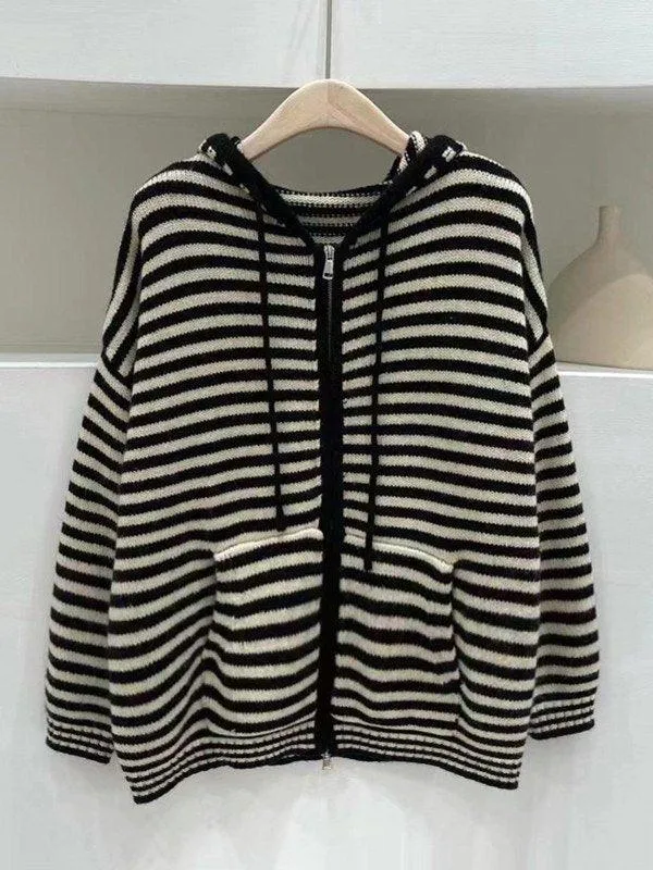 Joskaa Hooded Striped Long Sleeve Knit Cardigan