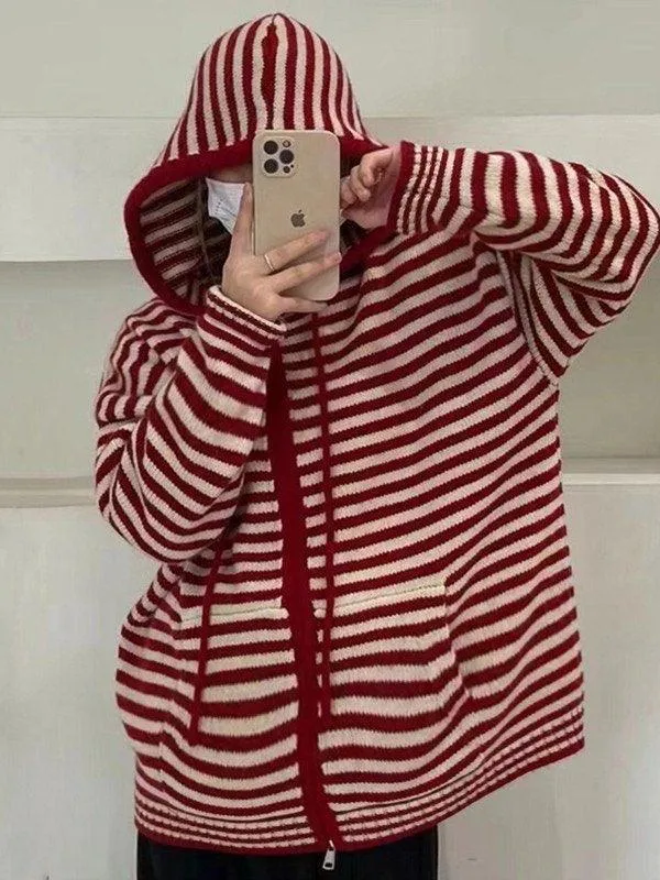 Joskaa Hooded Striped Long Sleeve Knit Cardigan