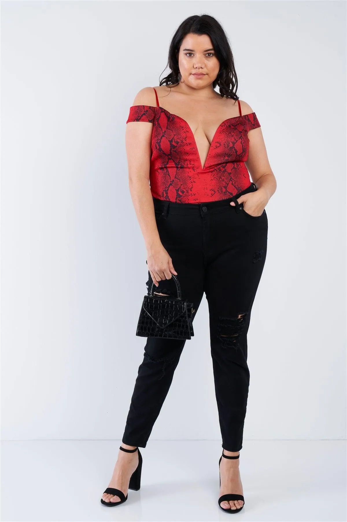 Junior Plus Size Red Snake Print Bodysuit /2-2-2