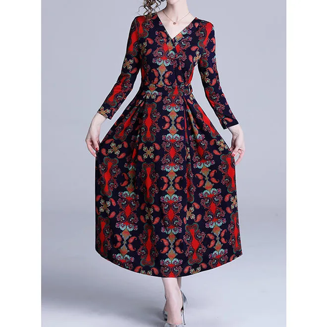 Ketty More Women Trendy V-Neck Style Long Sleeve Breathable Mid Length Printed Dress-KMWDC5308