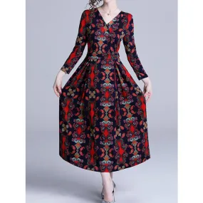 Ketty More Women Trendy V-Neck Style Long Sleeve Breathable Mid Length Printed Dress-KMWDC5308