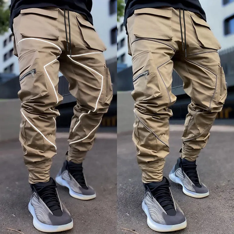 Khaki Fashion Mens Cargo Pants Hip Hop Elasticated Waist Drawstring Street Jogger Sweatpants with Pockets Jogging Punk | W302