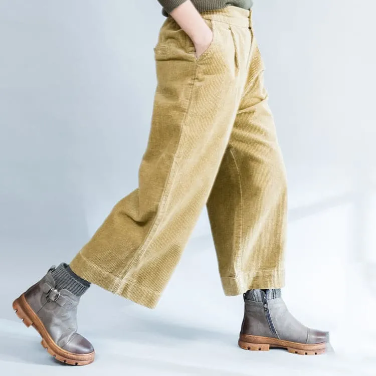 Khaki thick corduroy trousers loose casual wide leg pants