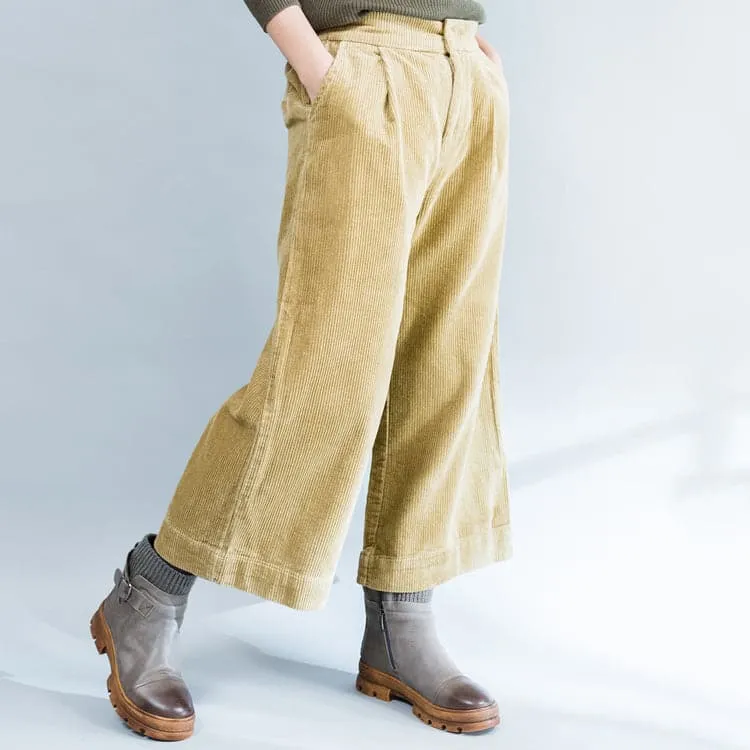 Khaki thick corduroy trousers loose casual wide leg pants