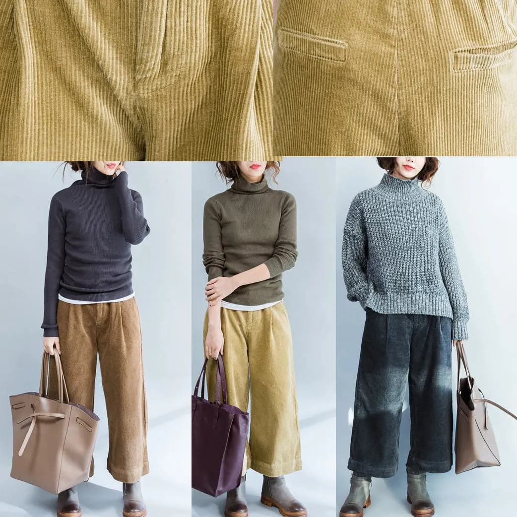 Khaki thick corduroy trousers loose casual wide leg pants