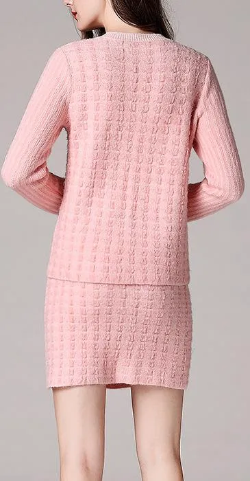 Knit Wool Cardigan Sweater & Skirt Set, White or Pink