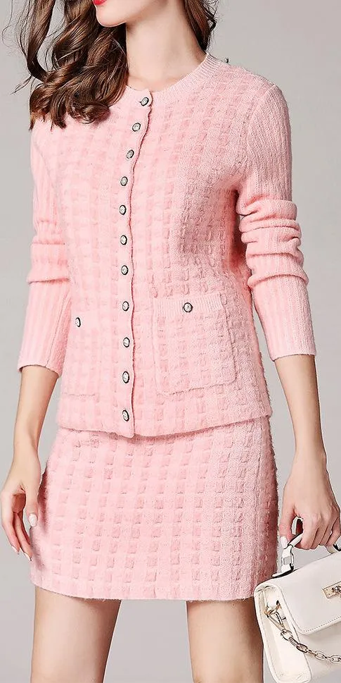 Knit Wool Cardigan Sweater & Skirt Set, White or Pink