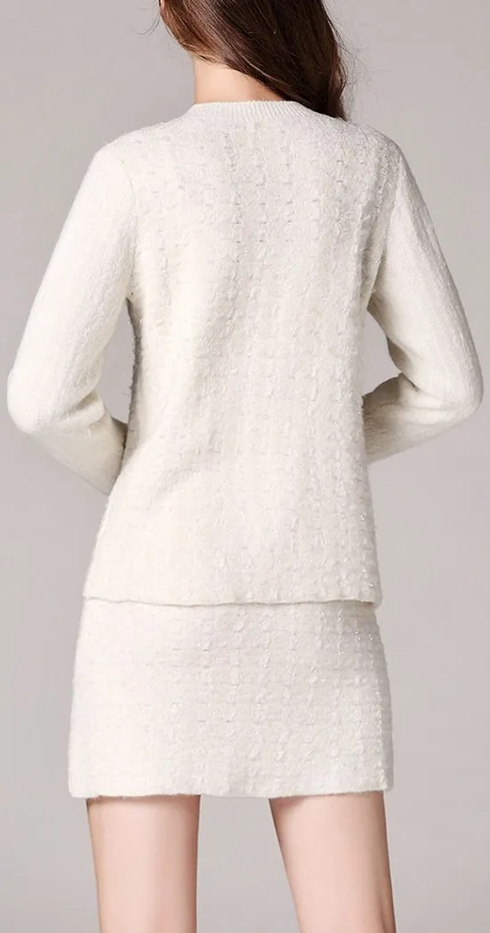 Knit Wool Cardigan Sweater & Skirt Set, White or Pink