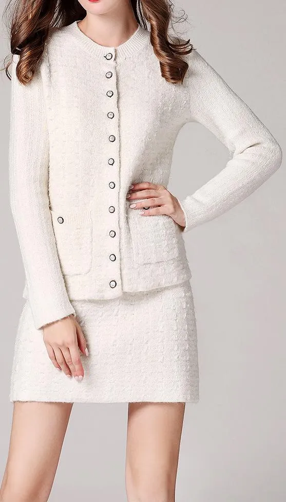 Knit Wool Cardigan Sweater & Skirt Set, White or Pink