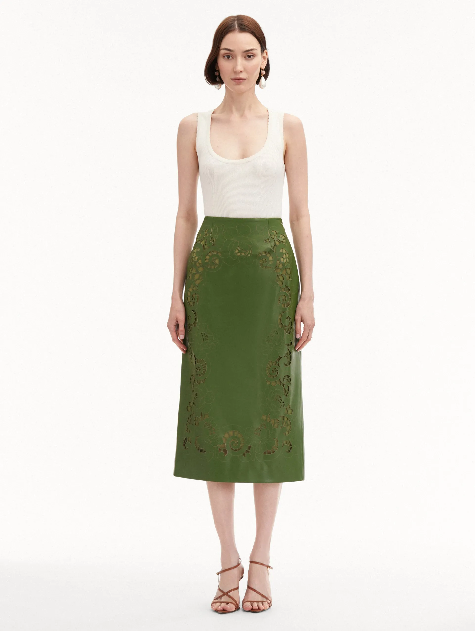 Laser Cut Floral Leather Pencil Skirt