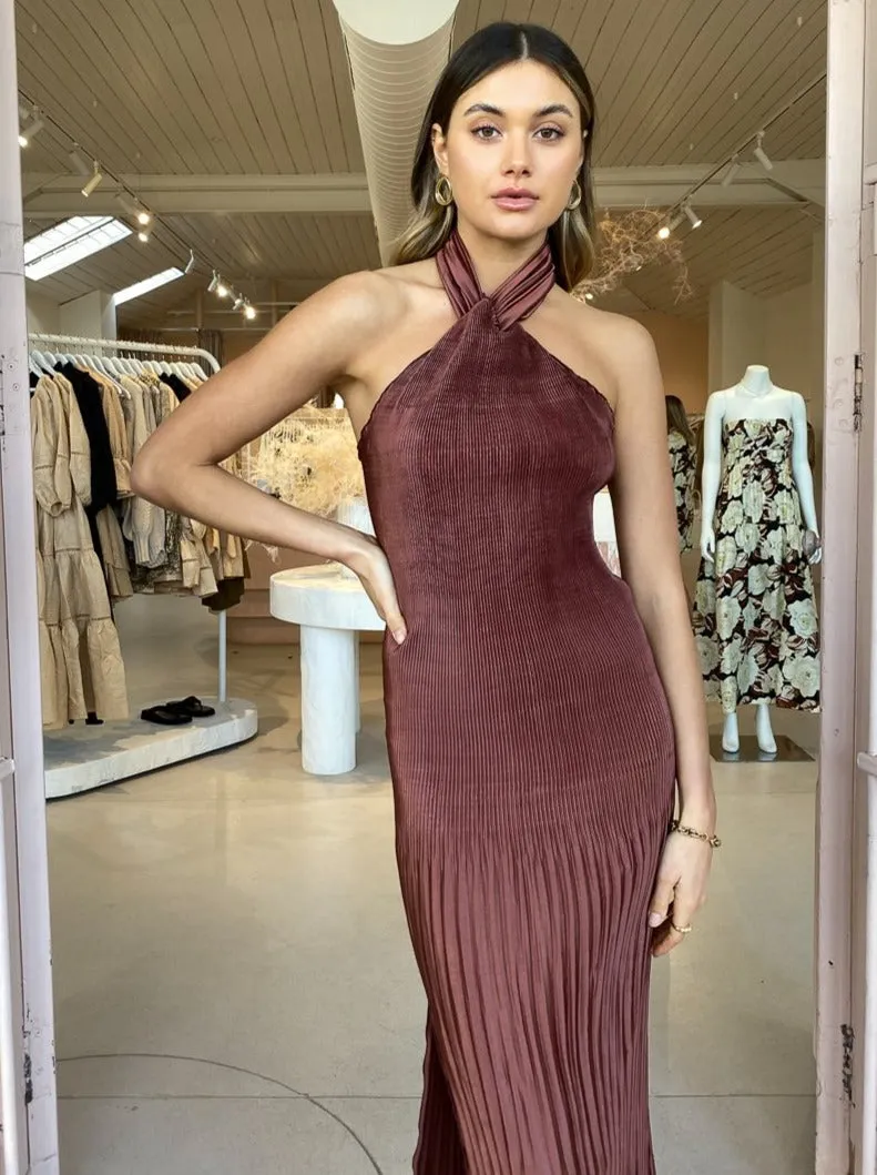 Lidee Soiree Pleated Halter Dress in Chocolate