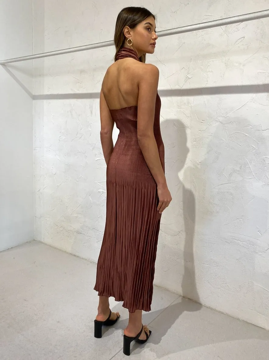 Lidee Soiree Pleated Halter Dress in Chocolate