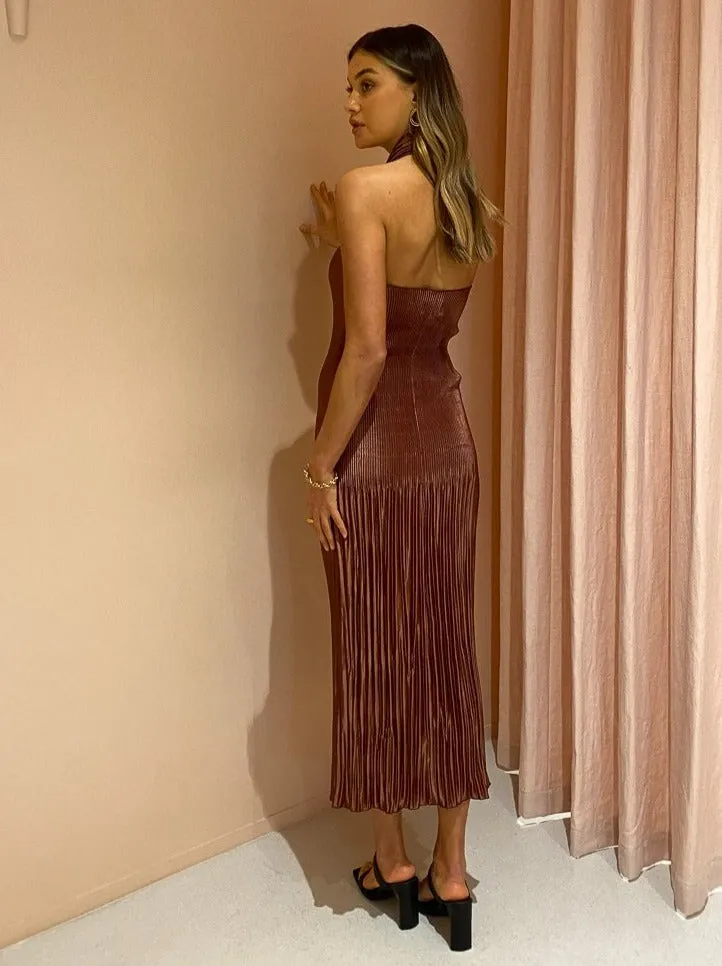 Lidee Soiree Pleated Halter Dress in Chocolate