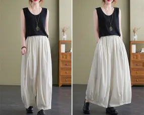 Linen skirt pants, ankle length pants, Wide leg pants, black skirt pants, cotton pants, custom made, green pants (K2249)