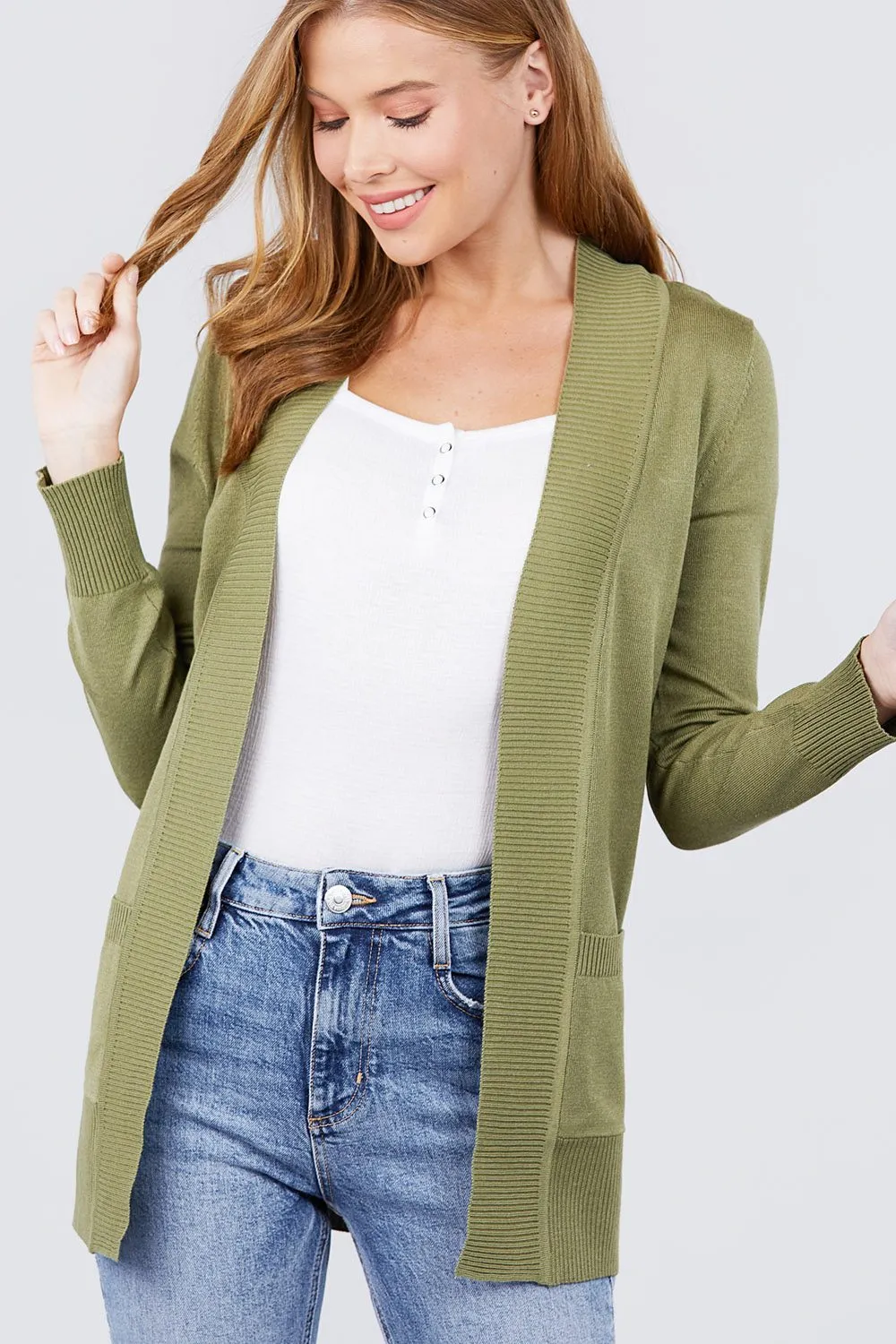 Long Sleeve Rib Banded Open Sweater Cardigan W/pockets