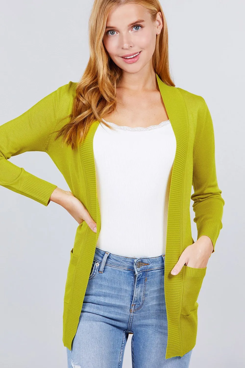 Long Sleeve Rib Banded Open Sweater Cardigan W/pockets