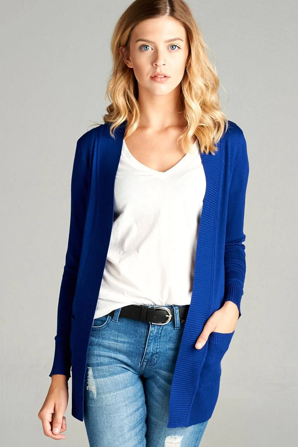 Long Sleeve Rib Banded Open Sweater Cardigan W/pockets