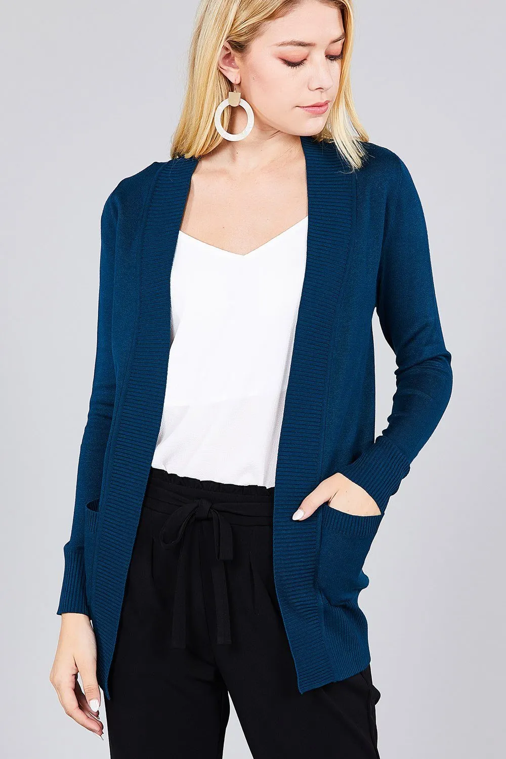 Long Sleeve Rib Banded Open Sweater Cardigan W/pockets