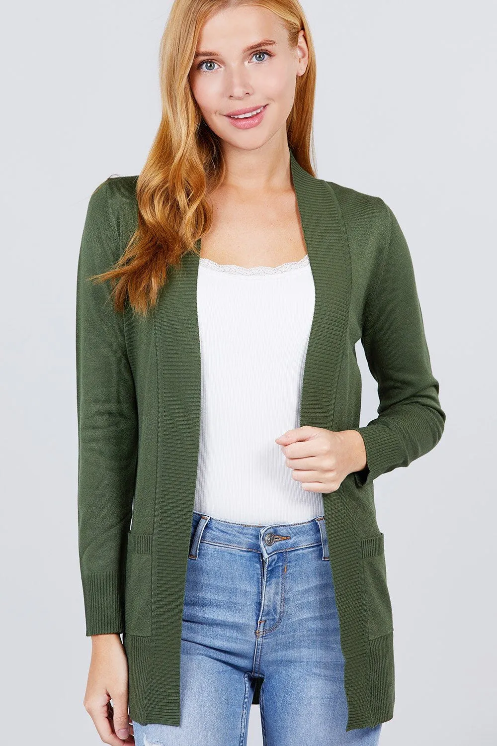 Long Sleeve Rib Banded Open Sweater Cardigan W/pockets