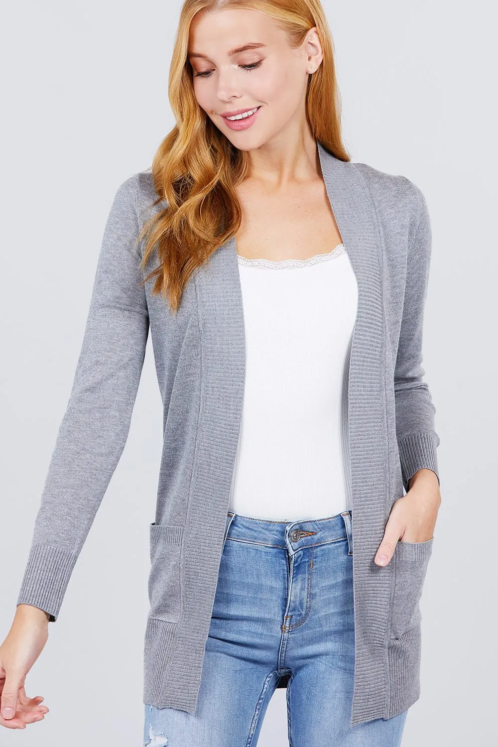 Long Sleeve Rib Banded Open Sweater Cardigan W/pockets