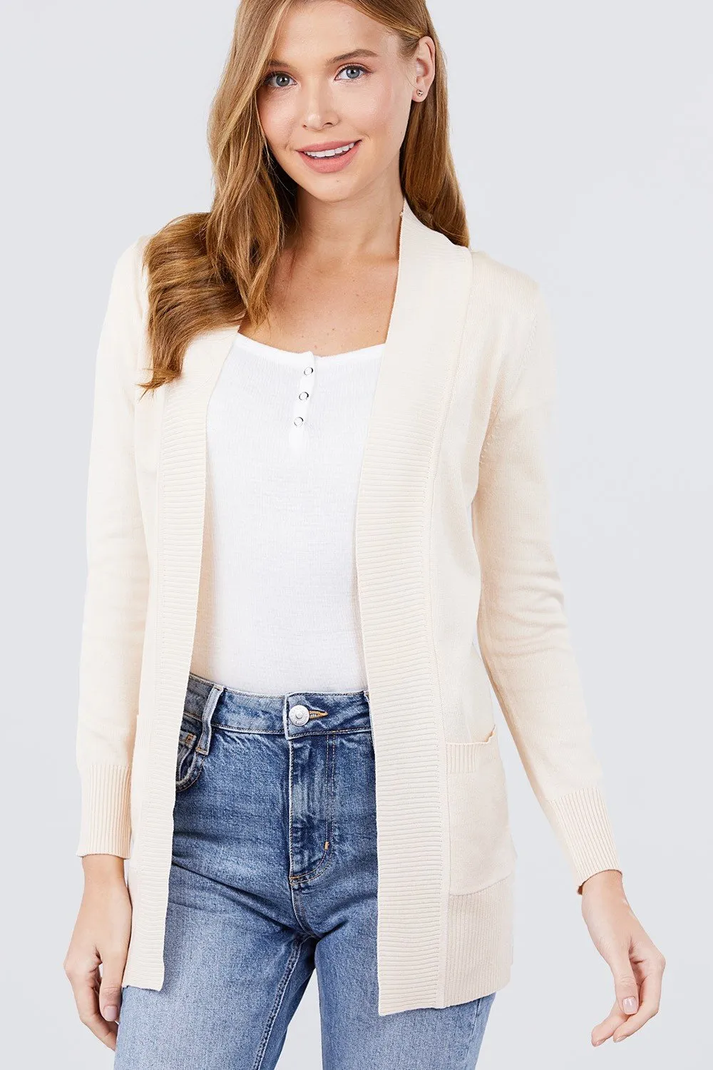 Long Sleeve Rib Banded Open Sweater Cardigan W/pockets