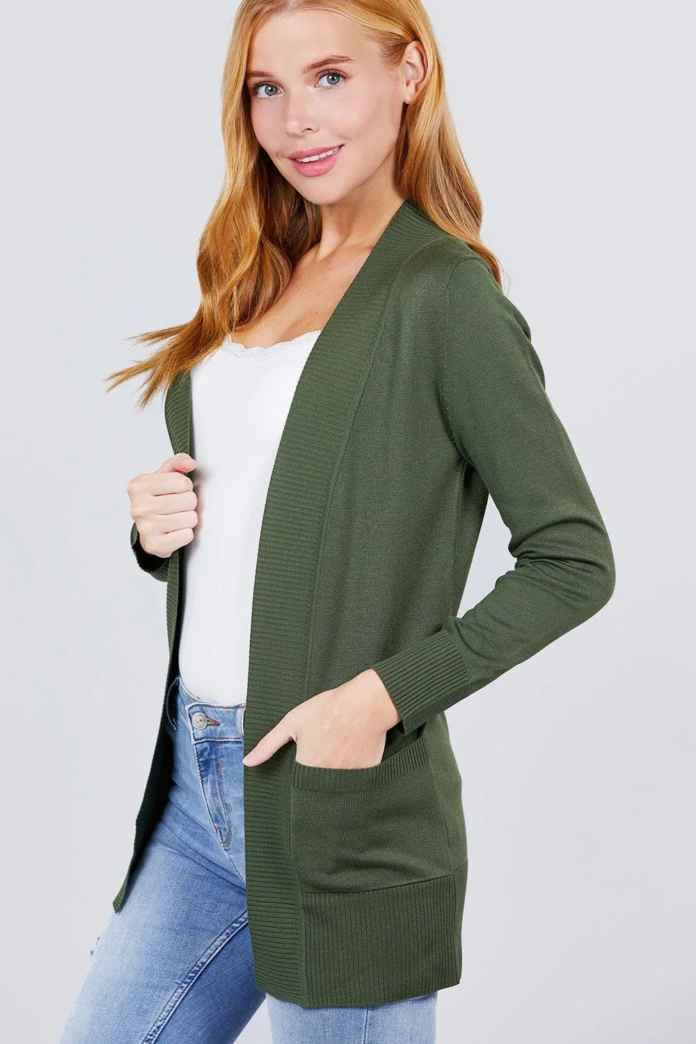 Long Sleeve Rib Banded Open Sweater Cardigan W/pockets