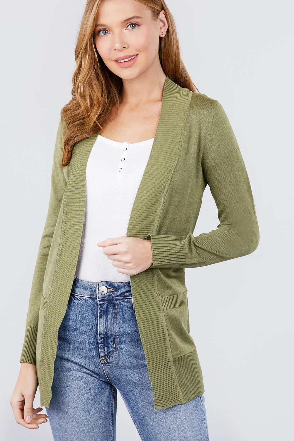 Long Sleeve Rib Banded Open Sweater Cardigan W/pockets