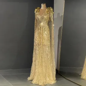 Luxury Sparkly Gold Evening Dress with Cape SS562