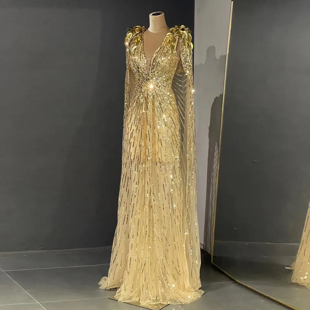 Luxury Sparkly Gold Evening Dress with Cape SS562