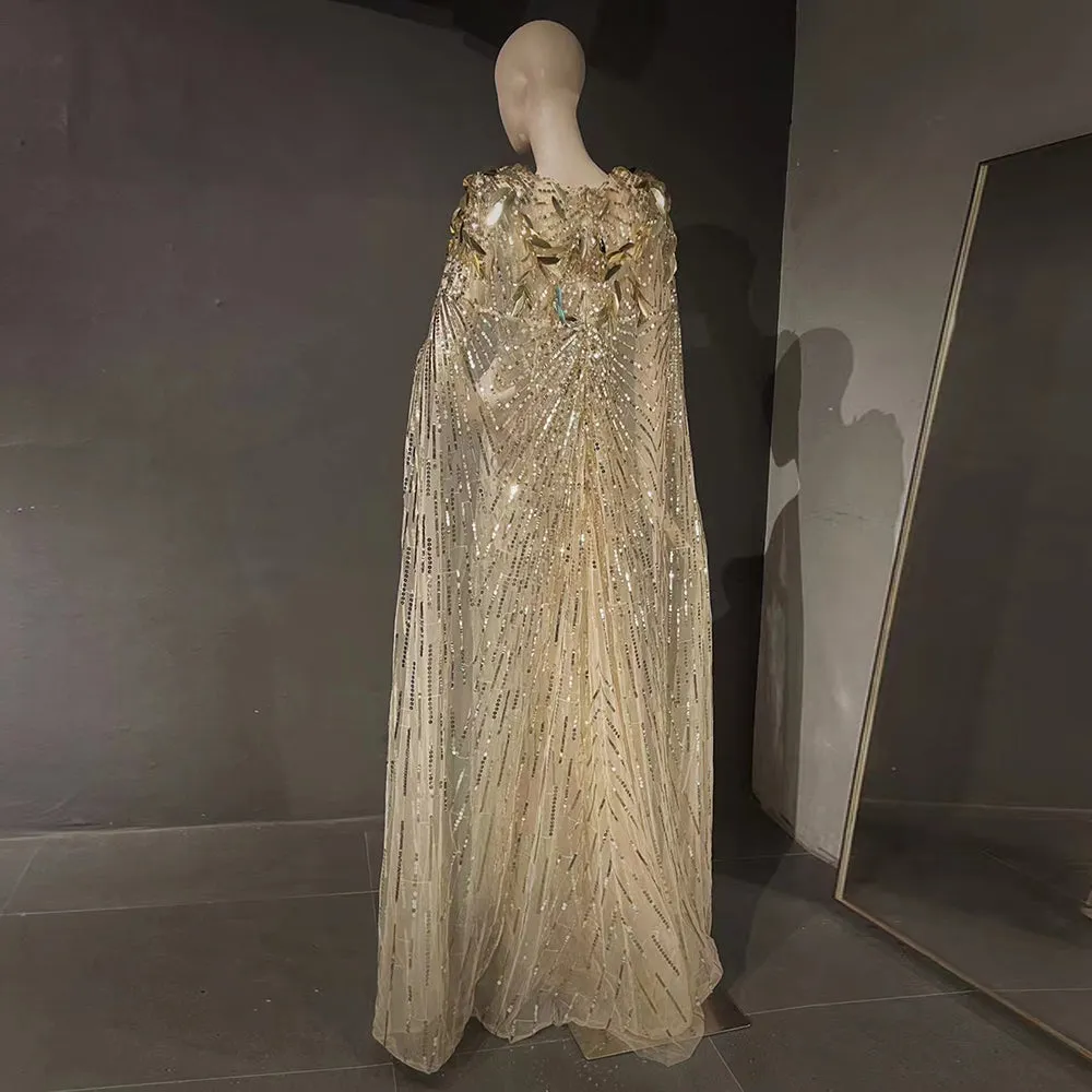 Luxury Sparkly Gold Evening Dress with Cape SS562