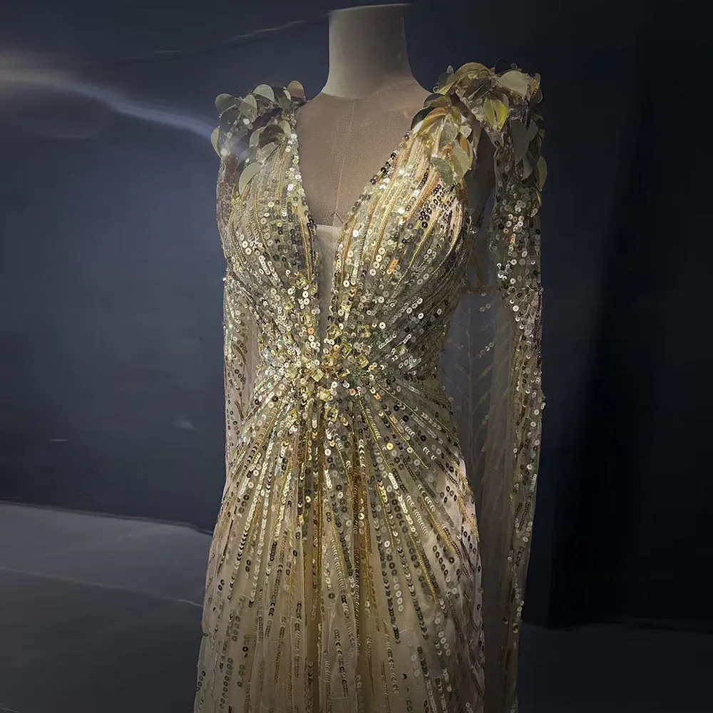 Luxury Sparkly Gold Evening Dress with Cape SS562