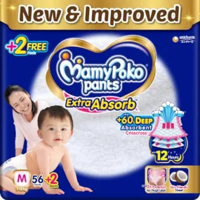 MamyPoko Pants Extra Absorb Baby Diapers, Medium (M), 56 Count( 2) Free Diaper, 7-12 Kg