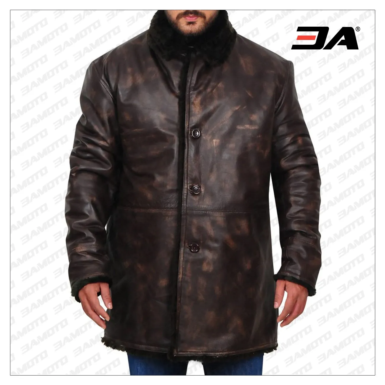 Men Distressed Brown Fur Collar Jacket