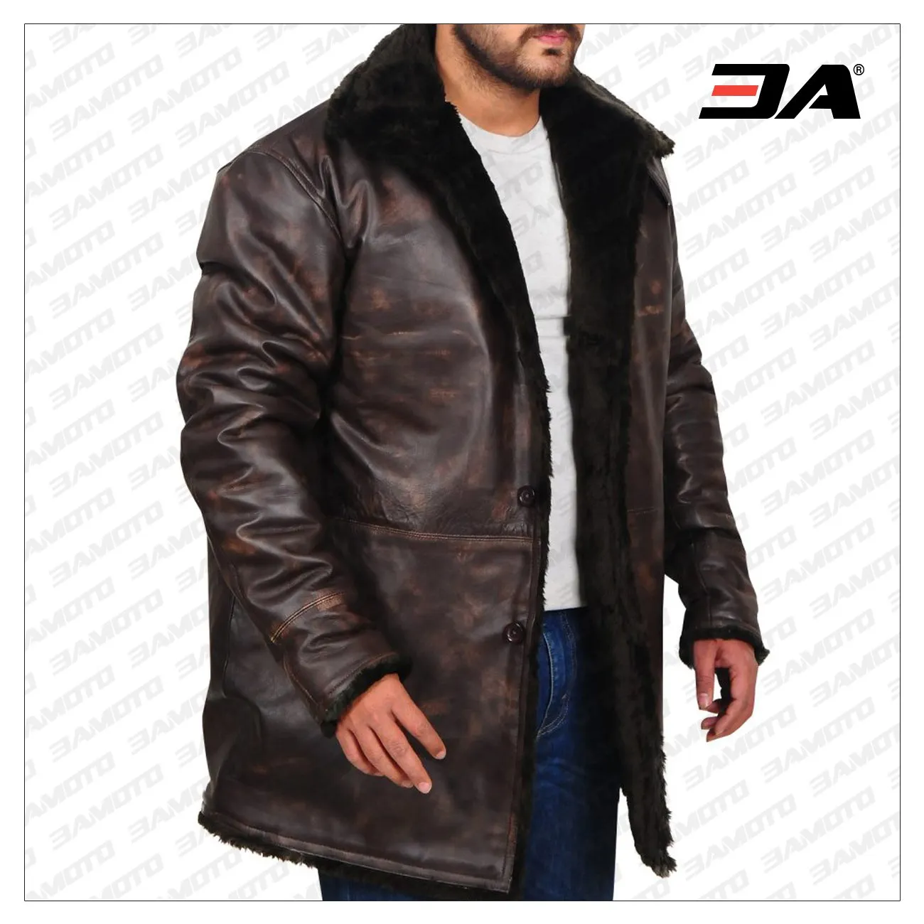 Men Distressed Brown Fur Collar Jacket