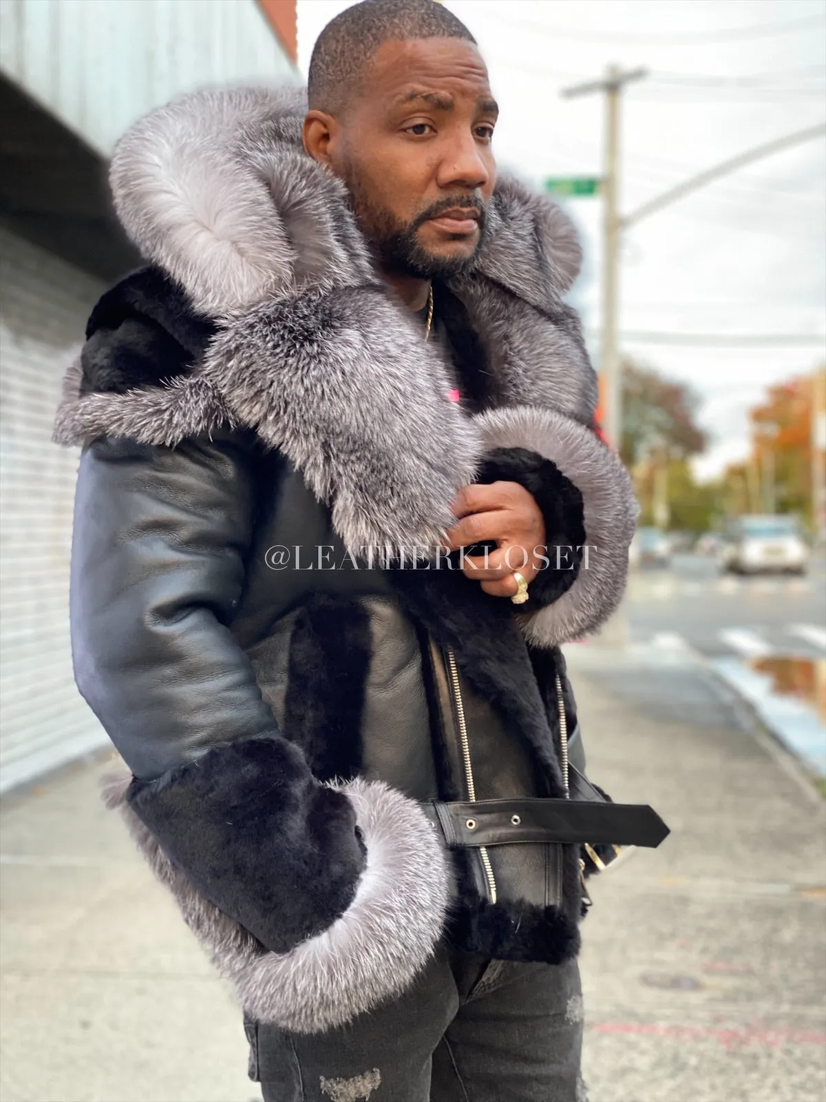 Men's Andre Shearling Biker With Fox [Black/Silver]