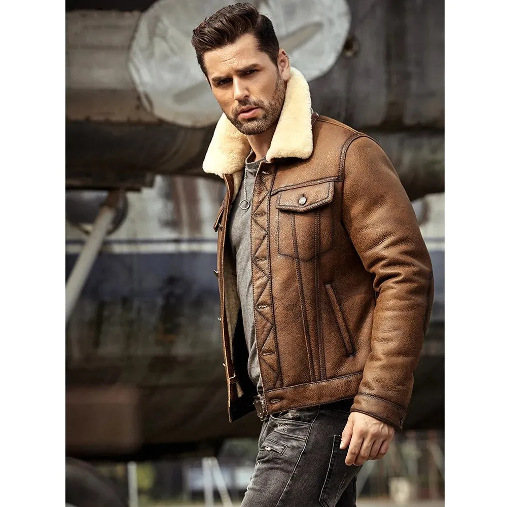 Mens Brown RAF B3 Sheepskin Trucker Shearling Leather Jacket