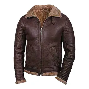 Men's Brown Zipper Faux Shearling Leather Jacket