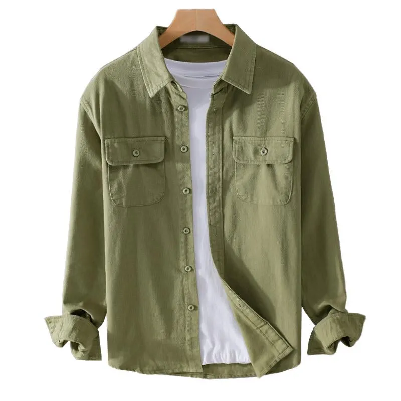 Men's Casual Cotton Breathable Lapel Single Breasted Loose Long Sleeve Shirt 93442559M