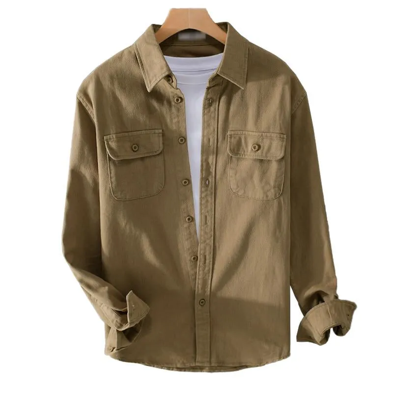 Men's Casual Cotton Breathable Lapel Single Breasted Loose Long Sleeve Shirt 93442559M