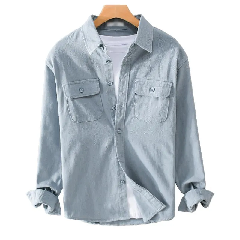 Men's Casual Cotton Breathable Lapel Single Breasted Loose Long Sleeve Shirt 93442559M