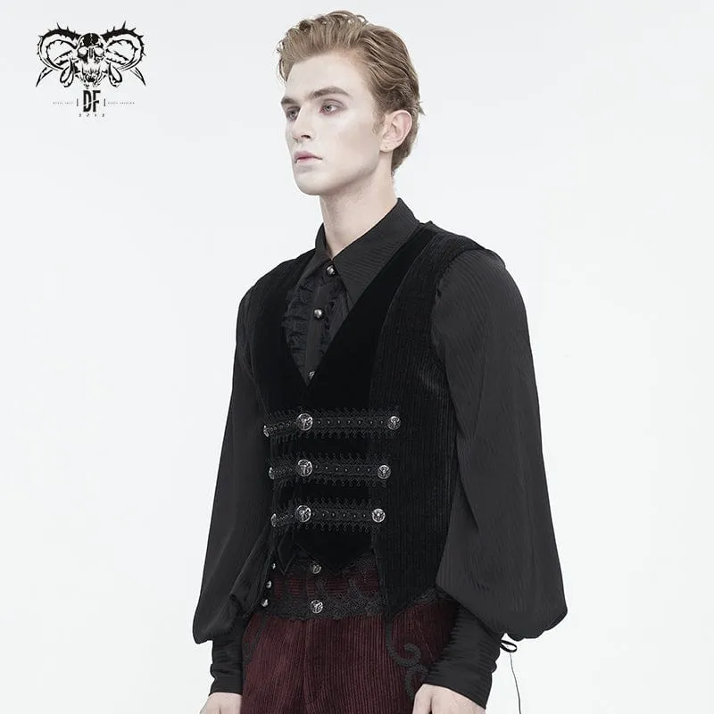 Men's Gothic Irregular Velvet Splice Corduroy Waistcoat Black