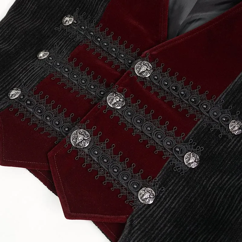 Men's Gothic Irregular Velvet Splice Corduroy Waistcoat Red