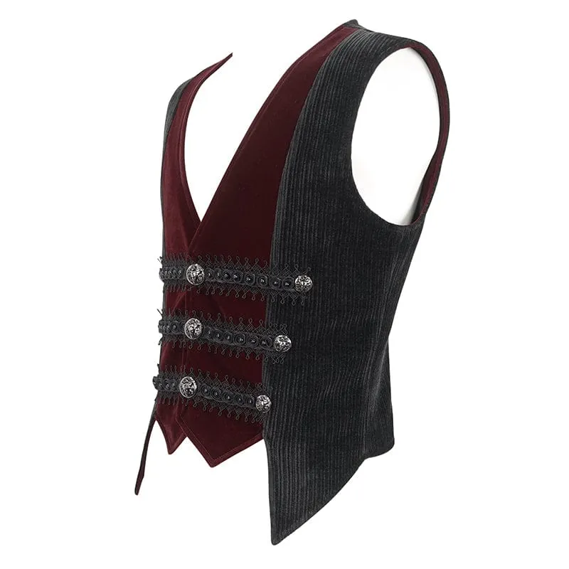 Men's Gothic Irregular Velvet Splice Corduroy Waistcoat Red