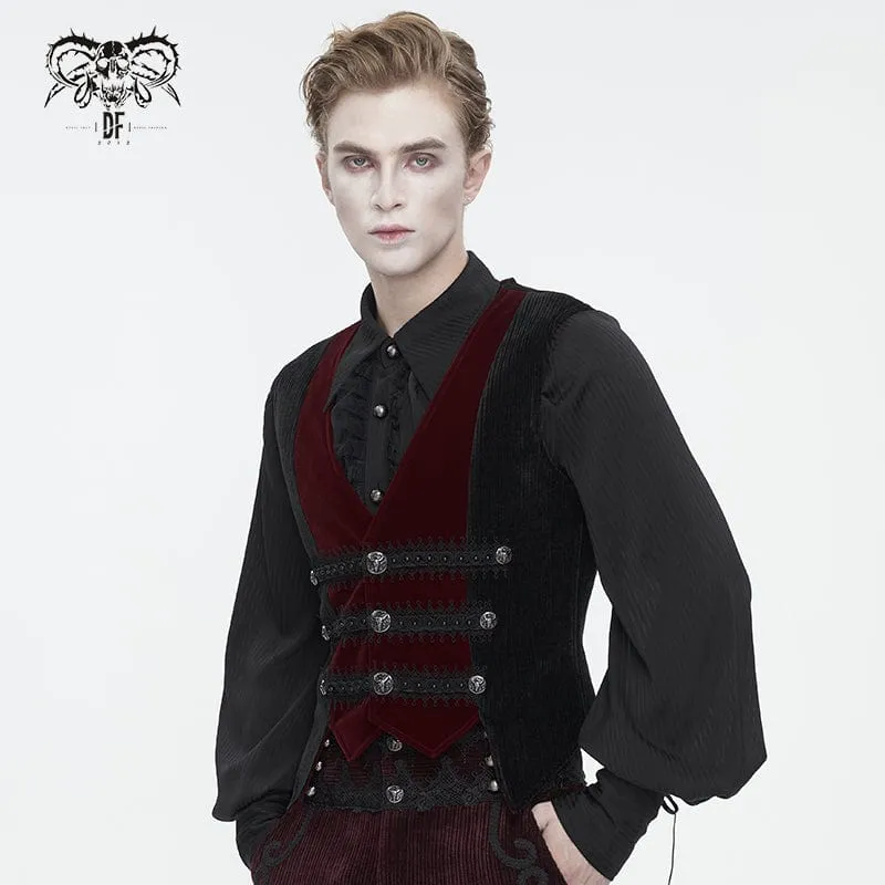 Men's Gothic Irregular Velvet Splice Corduroy Waistcoat Red