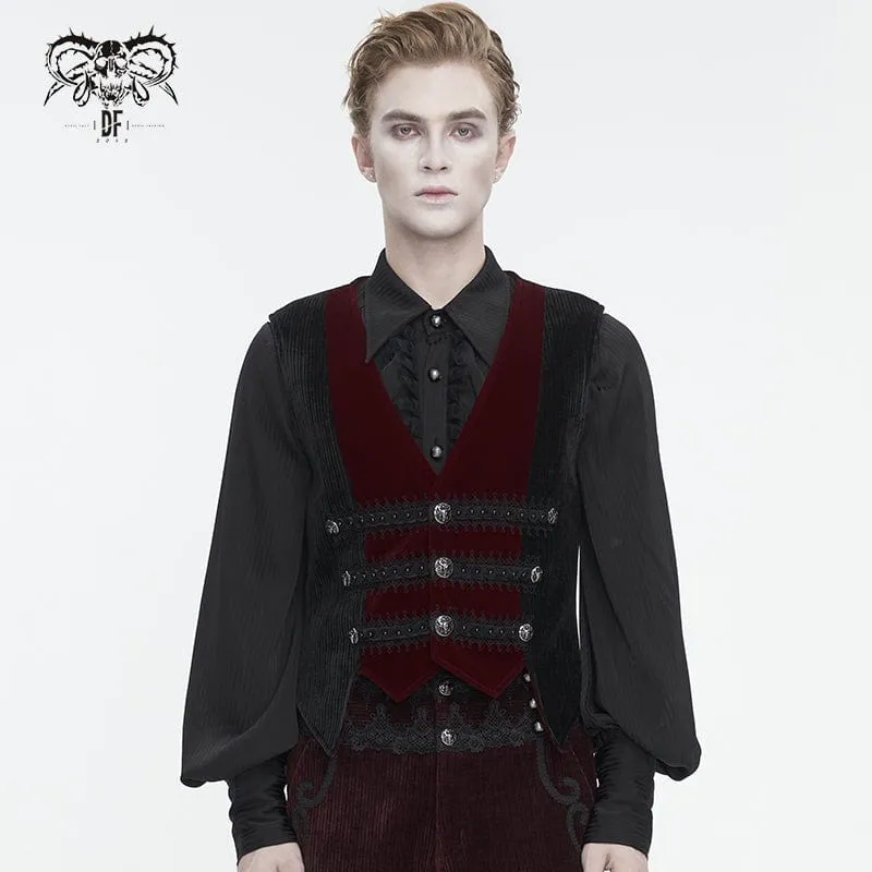 Men's Gothic Irregular Velvet Splice Corduroy Waistcoat Red