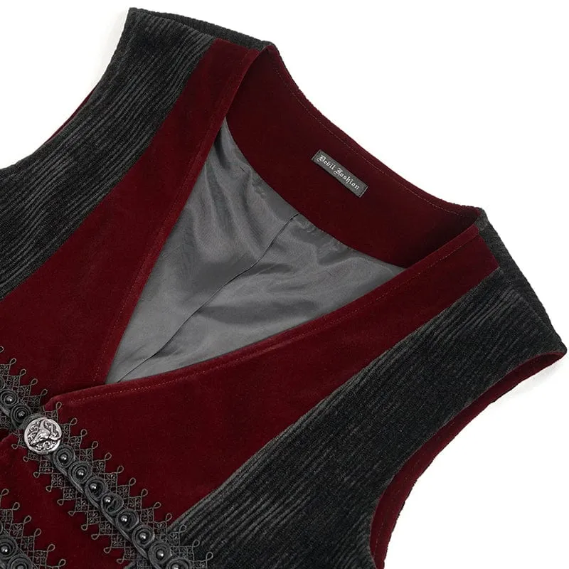 Men's Gothic Irregular Velvet Splice Corduroy Waistcoat Red